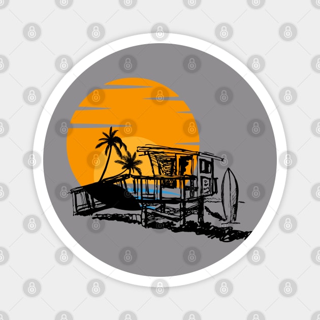 Life Guard Station at the Beach with Sunset and Surfboard Magnet by Joaddo